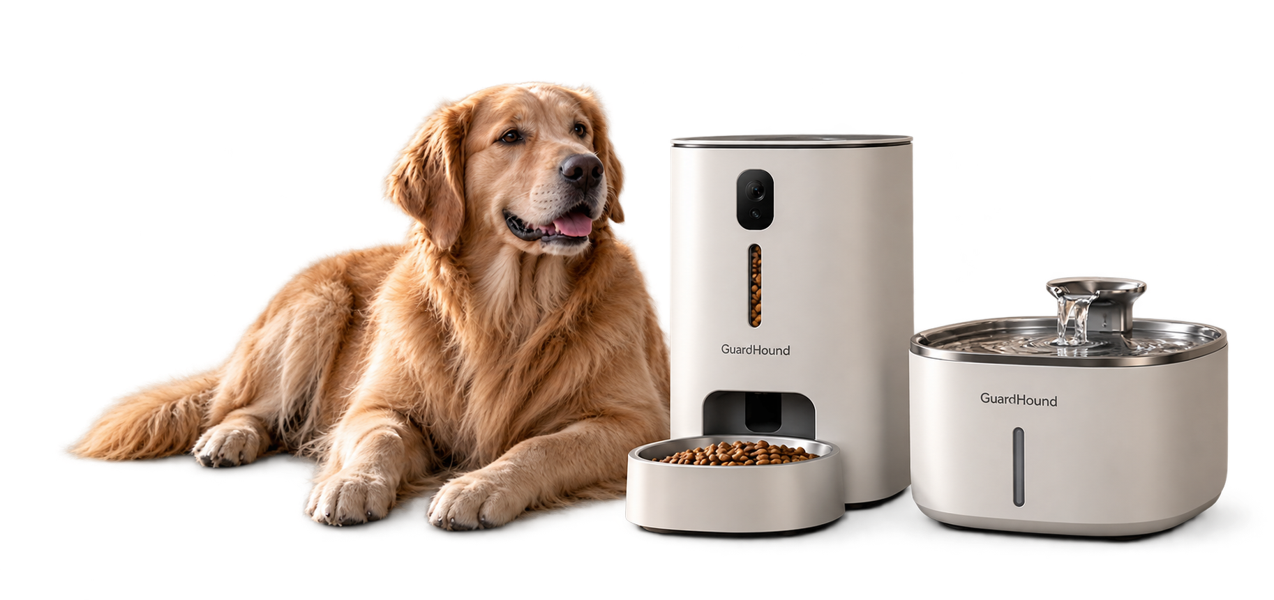 Умная кормушка и умная поилка GuardHound и золотистый ретривер