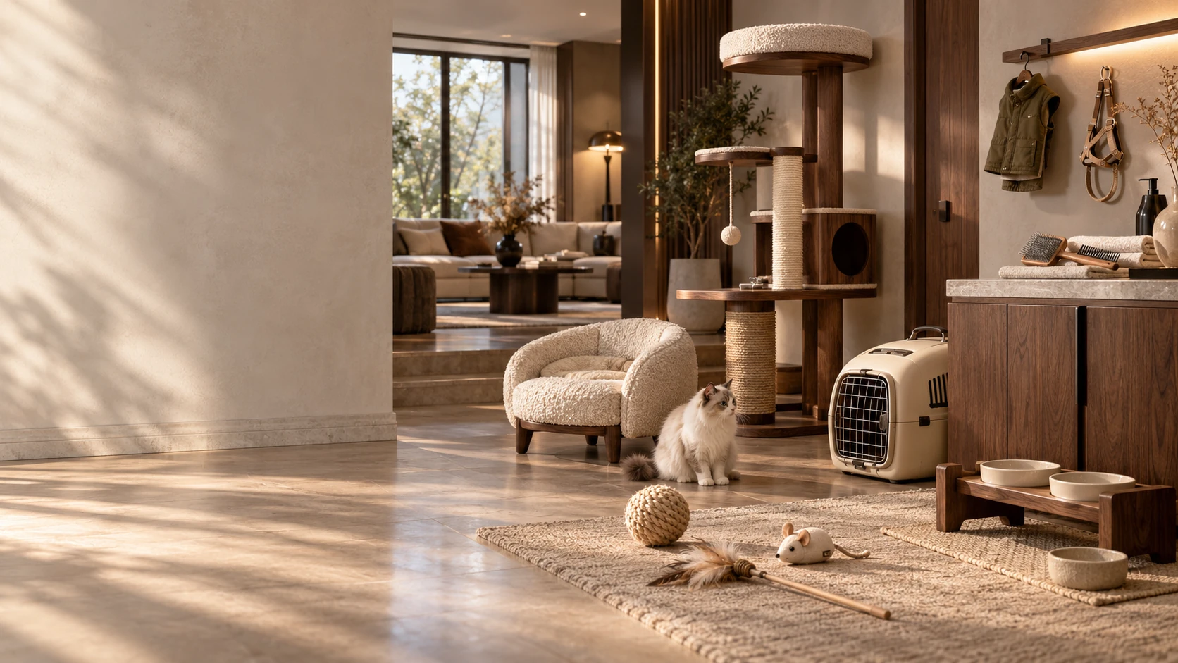 Семь семейств PET ESSENTIALS в современном премиальном жилье: тканевый домик, мебель из ореха, жёсткий бокс-переноска, натуральные игрушки, инструменты для вычёсывания, керамические чаши на деревянной подставке, одежда и шлейка